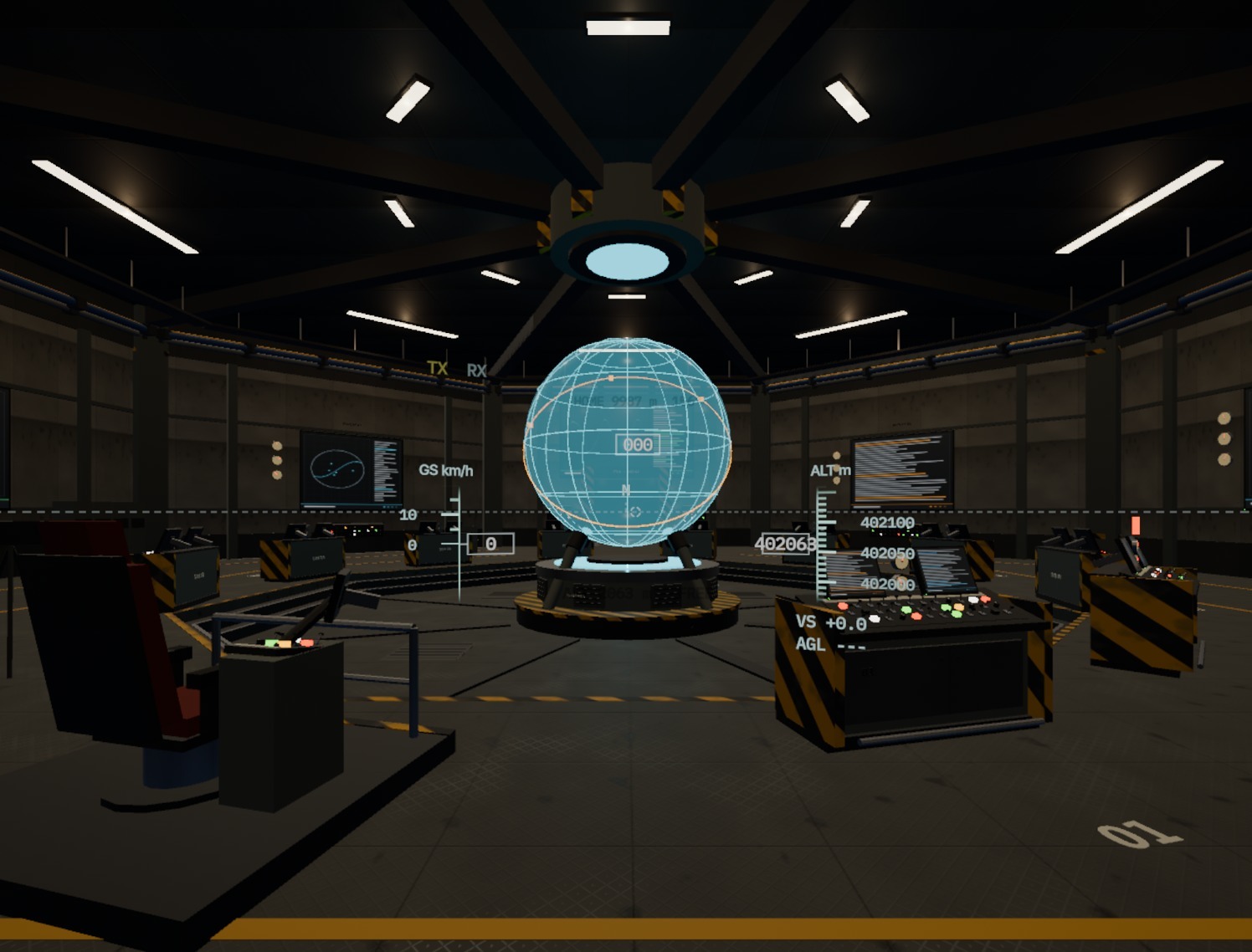 A virtual orbital environment with a globe display at its center